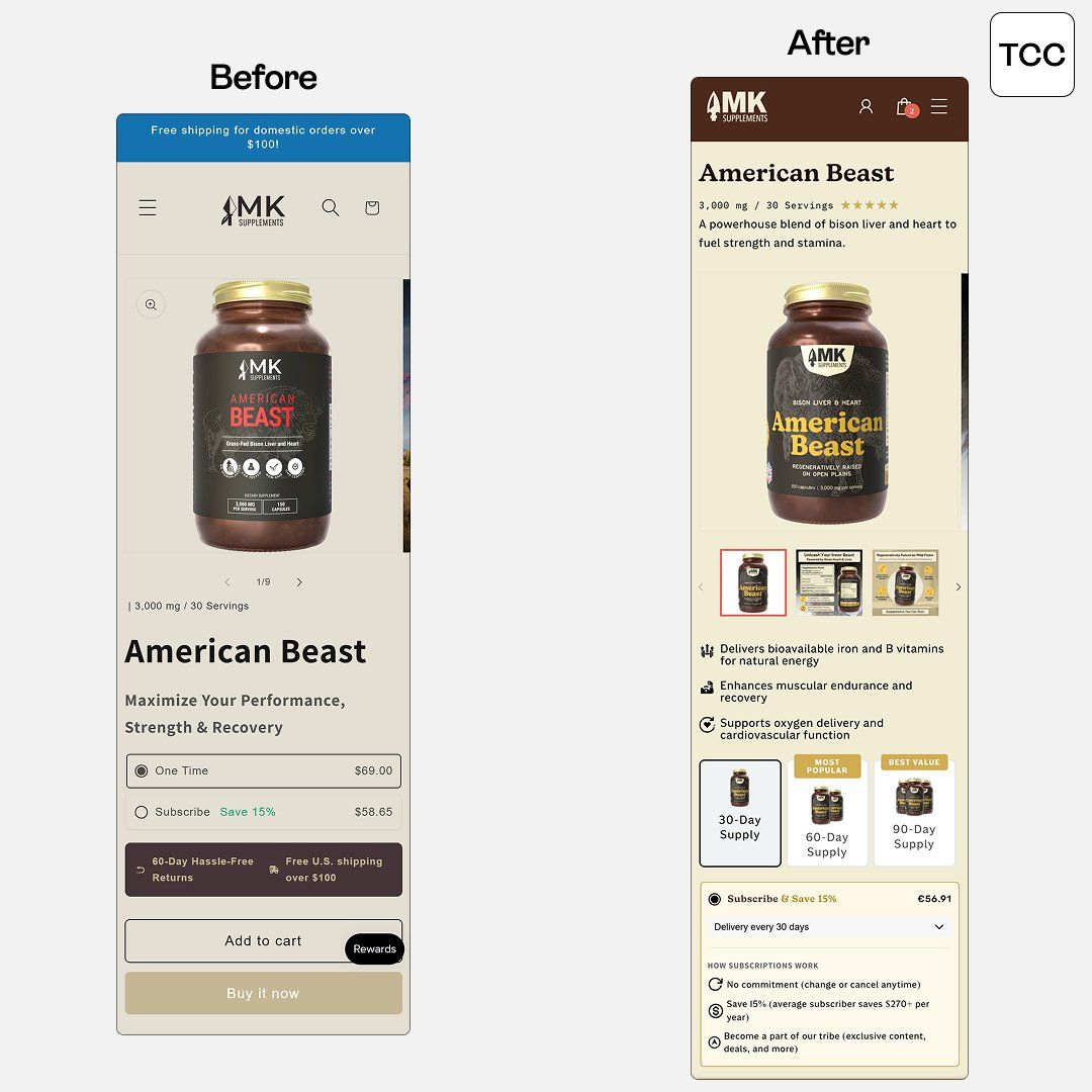 Supplement product page before and after redesign with structured attributes and bundle options